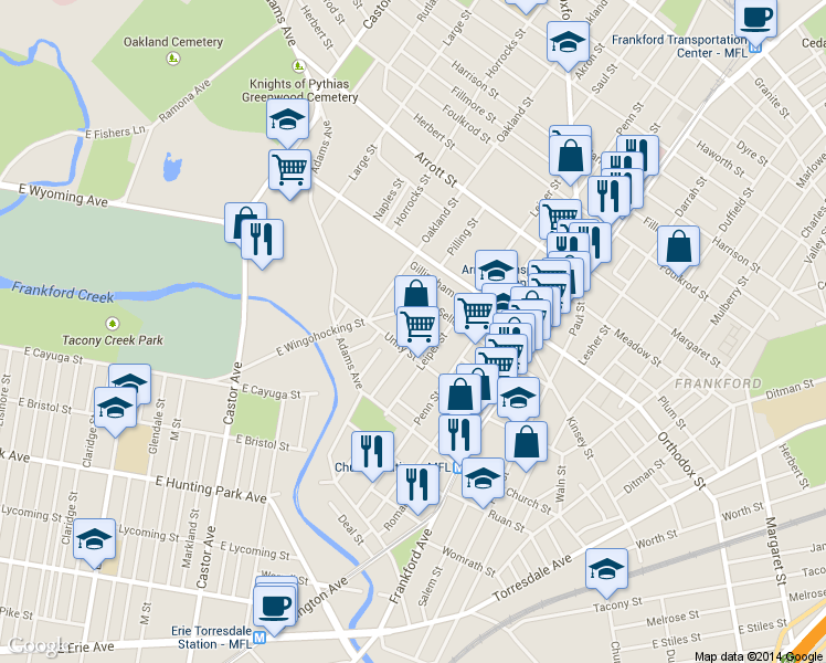 map of restaurants, bars, coffee shops, grocery stores, and more near 4422 Elizabeth Street in Philadelphia