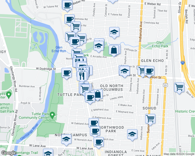 map of restaurants, bars, coffee shops, grocery stores, and more near 74 East Hudson Street in Columbus