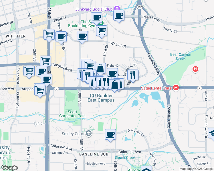 map of restaurants, bars, coffee shops, grocery stores, and more near 3301 Arapahoe Avenue in Boulder