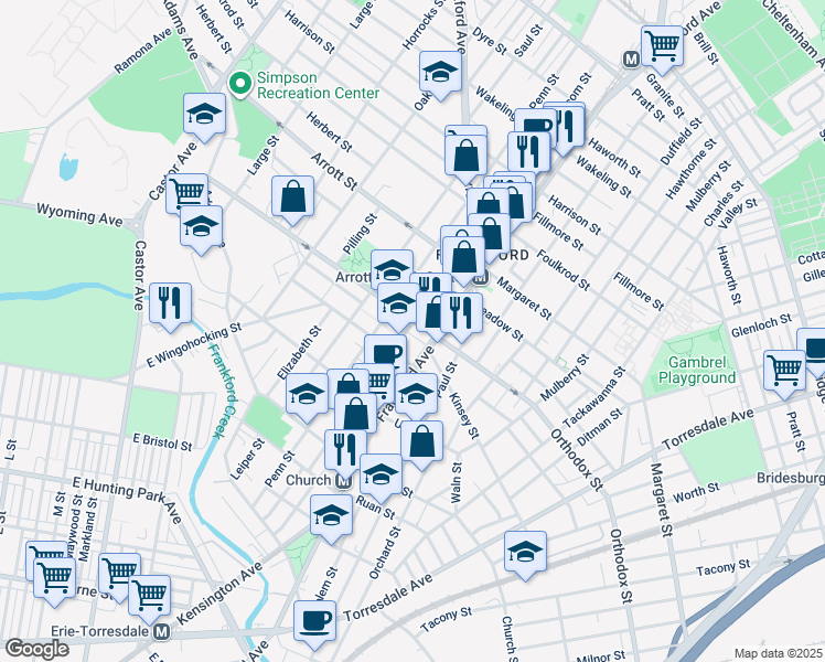 map of restaurants, bars, coffee shops, grocery stores, and more near 4533 Griscom Street in Philadelphia