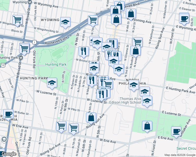 map of restaurants, bars, coffee shops, grocery stores, and more near 4204 North Fairhill Street in Philadelphia