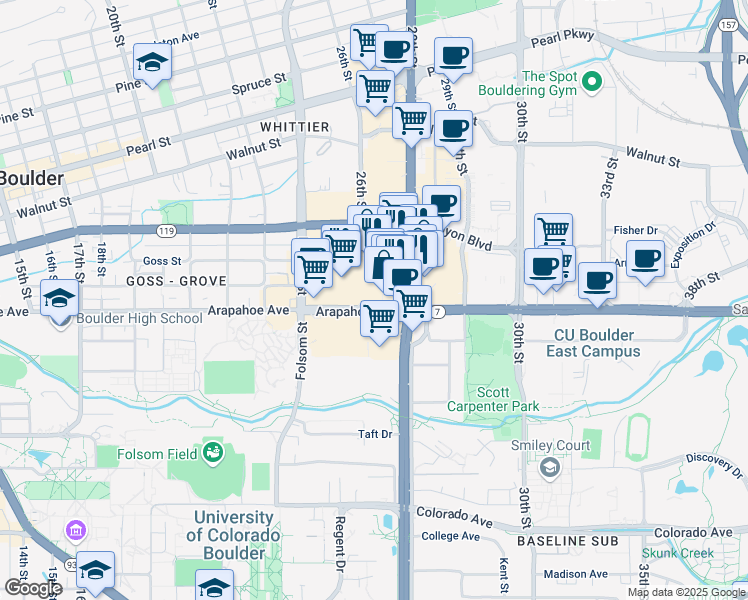 map of restaurants, bars, coffee shops, grocery stores, and more near 2525 Arapahoe Avenue in Boulder