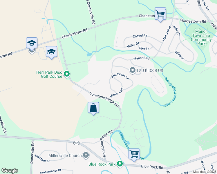 map of restaurants, bars, coffee shops, grocery stores, and more near 1088 Monticello Lane in Lancaster