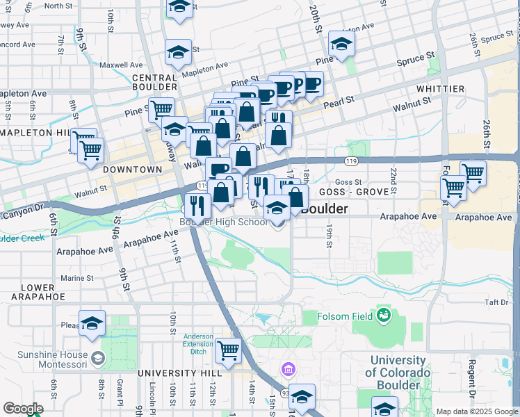 map of restaurants, bars, coffee shops, grocery stores, and more near 1511 Grove Street in Boulder