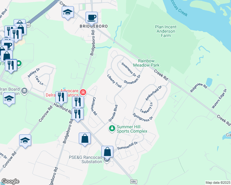 map of restaurants, bars, coffee shops, grocery stores, and more near 10 Grande Boulevard in Delran