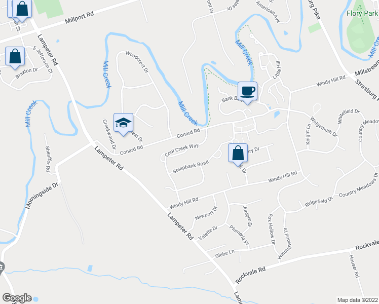 map of restaurants, bars, coffee shops, grocery stores, and more near 22 Creekside Drive in Lancaster