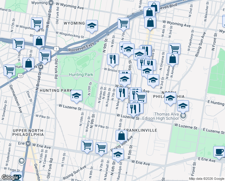 map of restaurants, bars, coffee shops, grocery stores, and more near in Philadelphia