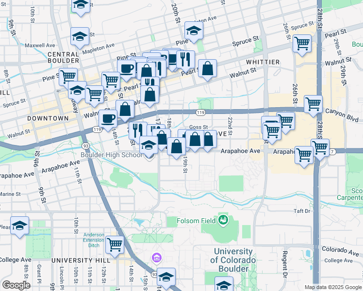 map of restaurants, bars, coffee shops, grocery stores, and more near in Boulder