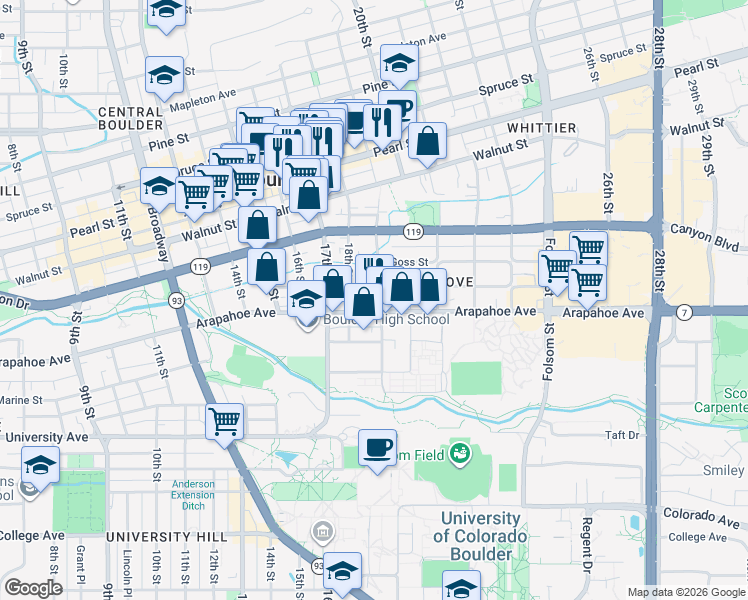 map of restaurants, bars, coffee shops, grocery stores, and more near 1843 Arapahoe Avenue in Boulder