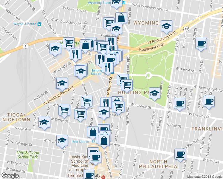 map of restaurants, bars, coffee shops, grocery stores, and more near 4043 North Broad Street in Philadelphia