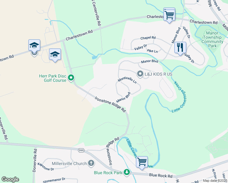 map of restaurants, bars, coffee shops, grocery stores, and more near 1088 Monticello Lane in Lancaster