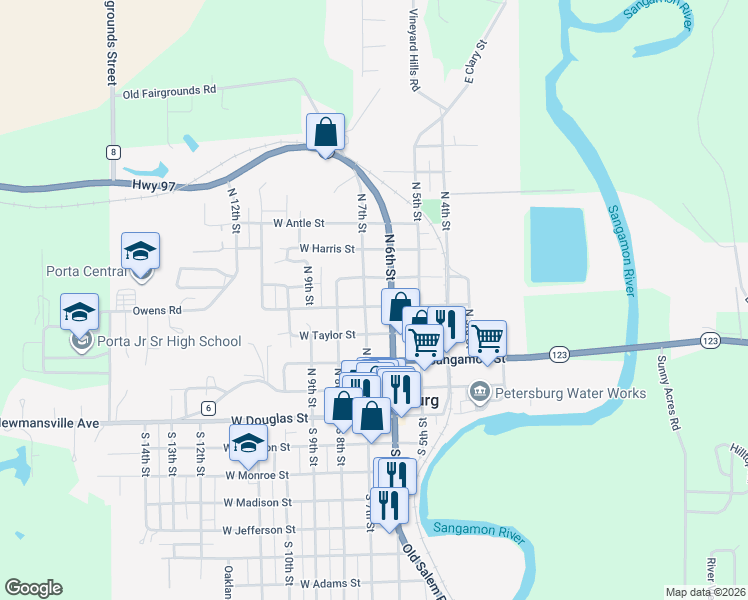 map of restaurants, bars, coffee shops, grocery stores, and more near 601 North 7th Street in Petersburg