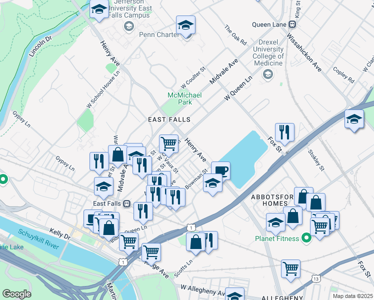 map of restaurants, bars, coffee shops, grocery stores, and more near 3312 Tilden Street in Philadelphia