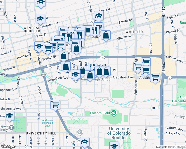 map of restaurants, bars, coffee shops, grocery stores, and more near 1843 Arapahoe Avenue in Boulder