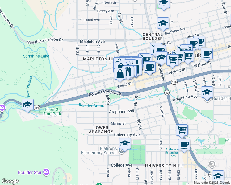 map of restaurants, bars, coffee shops, grocery stores, and more near 645 Walnut Street in Boulder