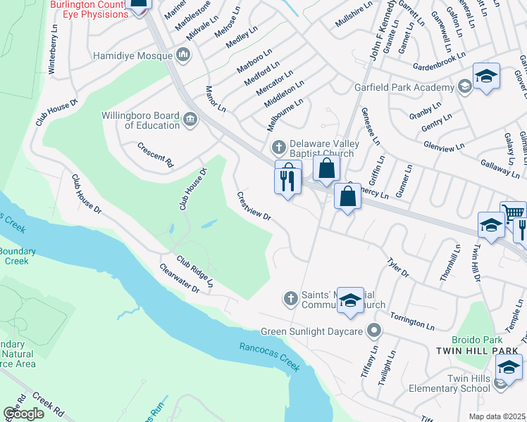 map of restaurants, bars, coffee shops, grocery stores, and more near 81 Crestview Drive in Willingboro