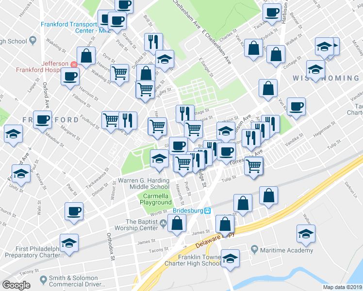 map of restaurants, bars, coffee shops, grocery stores, and more near 5126 Glenloch Street in Philadelphia