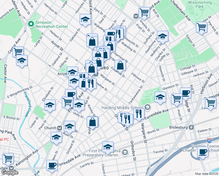 map of restaurants, bars, coffee shops, grocery stores, and more near 4671-77 Darrah Street in Philadelphia