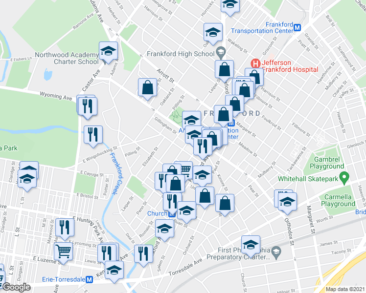 map of restaurants, bars, coffee shops, grocery stores, and more near 4511 Leiper Street in Philadelphia