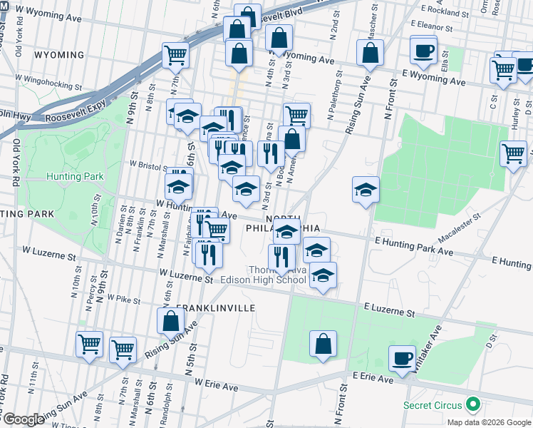 map of restaurants, bars, coffee shops, grocery stores, and more near 4231 North 3rd Street in Philadelphia