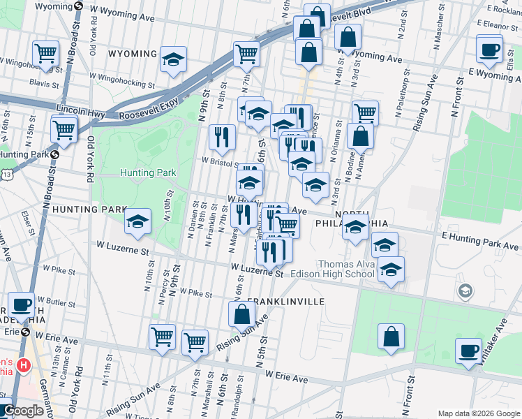 map of restaurants, bars, coffee shops, grocery stores, and more near 4204 North Fairhill Street in Philadelphia