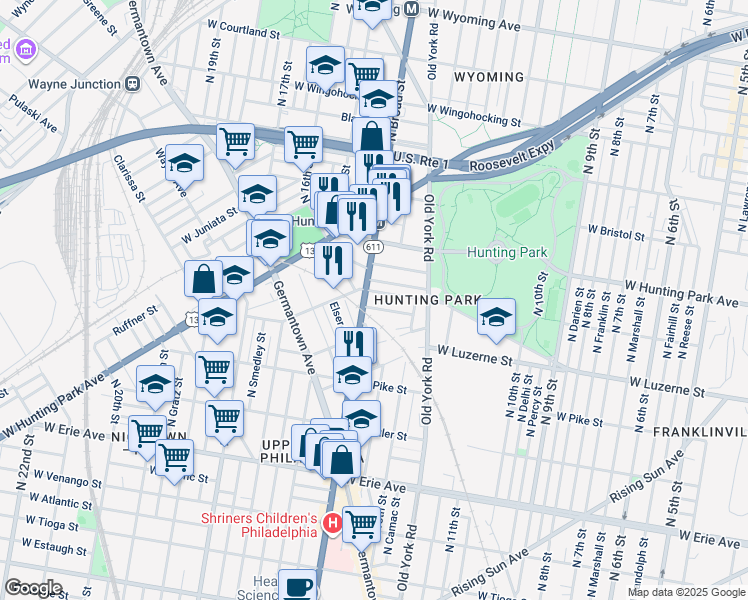 map of restaurants, bars, coffee shops, grocery stores, and more near 4043 North Broad Street in Philadelphia