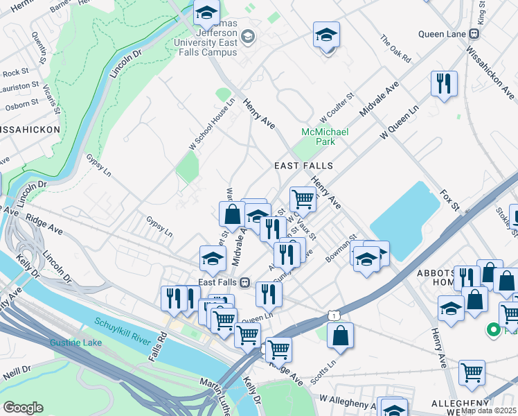 map of restaurants, bars, coffee shops, grocery stores, and more near 3419 Midvale Avenue in Philadelphia