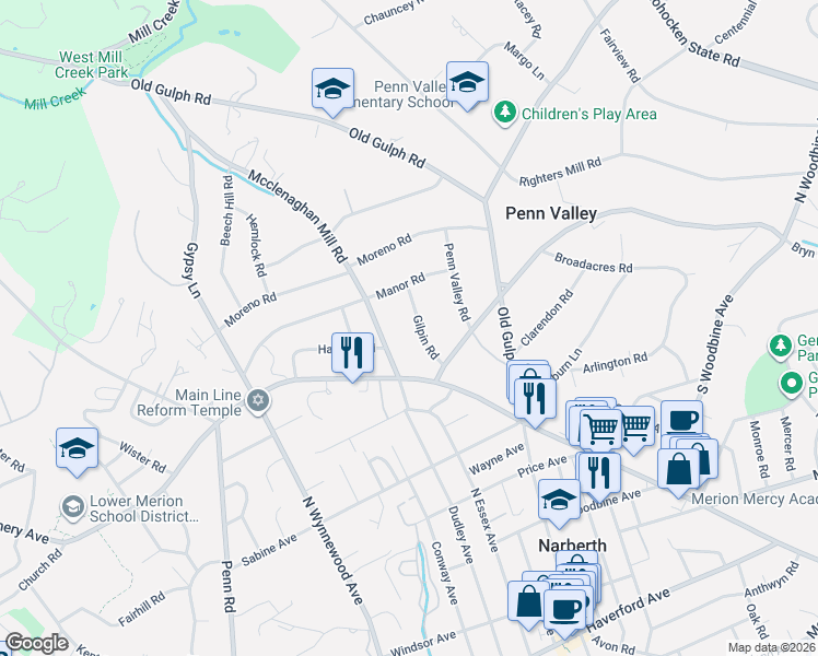 map of restaurants, bars, coffee shops, grocery stores, and more near 404 Gilpin Road in Penn Valley