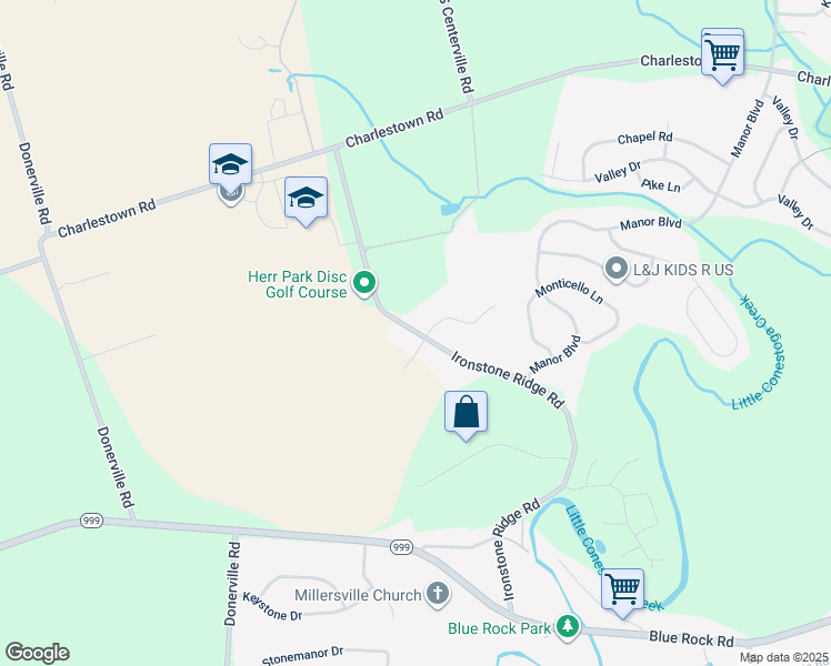 map of restaurants, bars, coffee shops, grocery stores, and more near 185 Ironstone Ridge Road in Lancaster