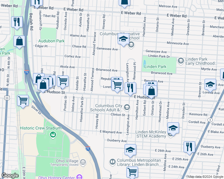 map of restaurants, bars, coffee shops, grocery stores, and more near 1020 Loretta Avenue in Columbus