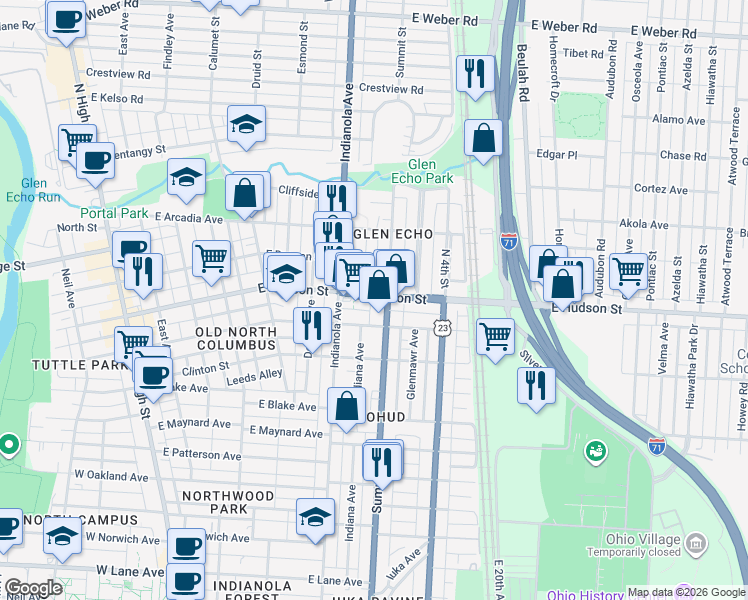 map of restaurants, bars, coffee shops, grocery stores, and more near 2546 Glen Echo Drive in Columbus