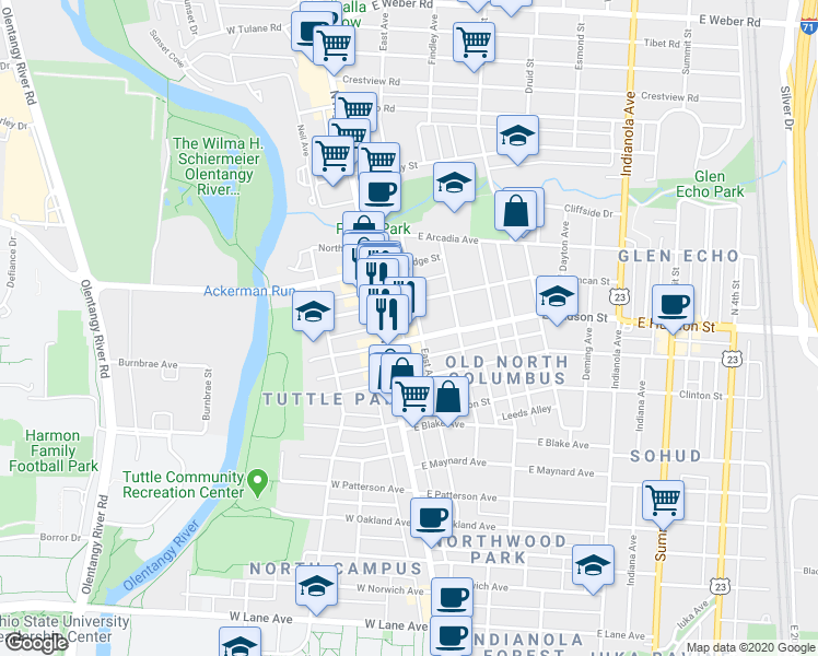 map of restaurants, bars, coffee shops, grocery stores, and more near 57 East Duncan Street in Columbus