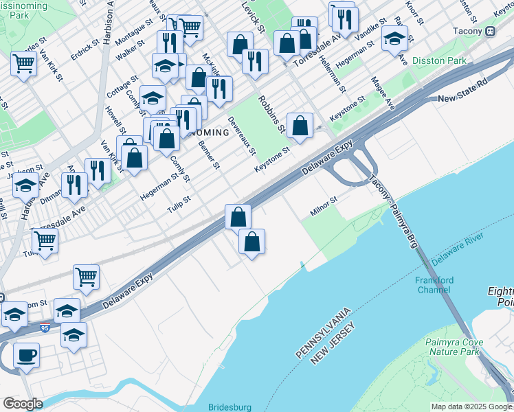 map of restaurants, bars, coffee shops, grocery stores, and more near 6038 Tacony Street in Philadelphia
