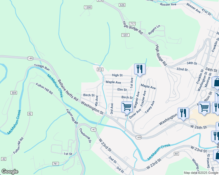 map of restaurants, bars, coffee shops, grocery stores, and more near 1250 Maple Avenue in Bellaire