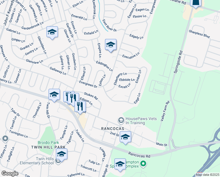 map of restaurants, bars, coffee shops, grocery stores, and more near 10 Elderberry Lane in Willingboro