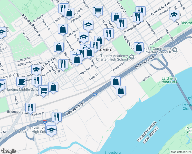 map of restaurants, bars, coffee shops, grocery stores, and more near 5913 Tulip Street in Philadelphia