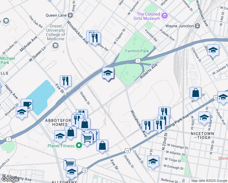 map of restaurants, bars, coffee shops, grocery stores, and more near 2655 Deacon Street in Philadelphia