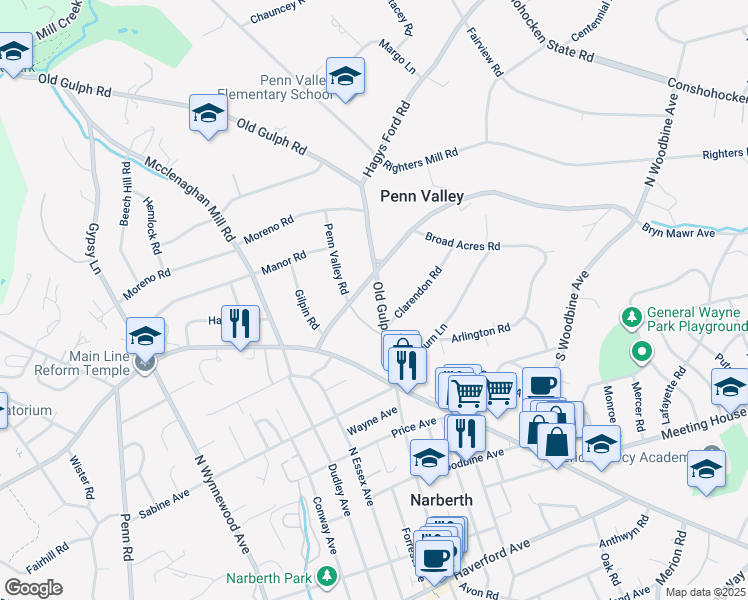 map of restaurants, bars, coffee shops, grocery stores, and more near 510 Old Gulph Road in Narberth
