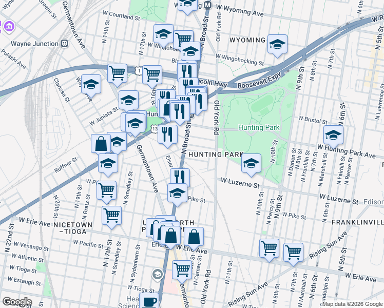 map of restaurants, bars, coffee shops, grocery stores, and more near 1341 Colwyn Street in Philadelphia