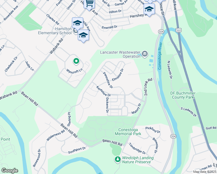 map of restaurants, bars, coffee shops, grocery stores, and more near 204 Pennshire Drive in Lancaster