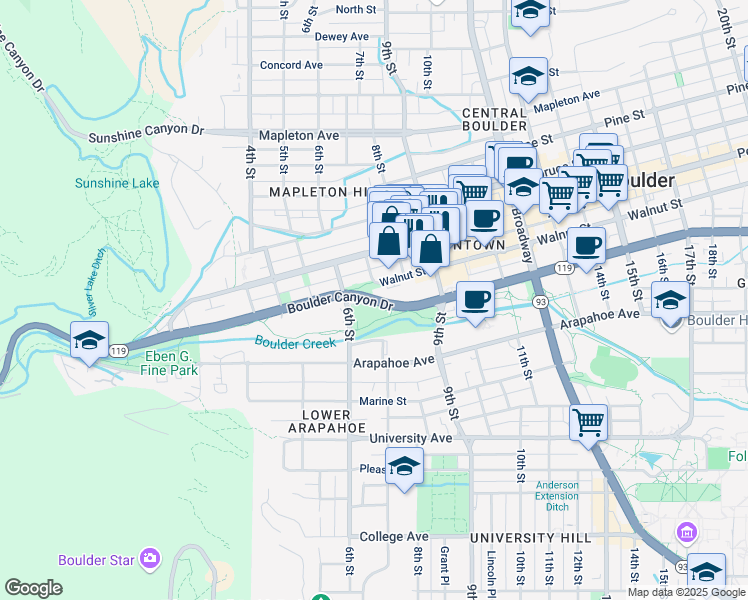 map of restaurants, bars, coffee shops, grocery stores, and more near 645 Walnut Street in Boulder
