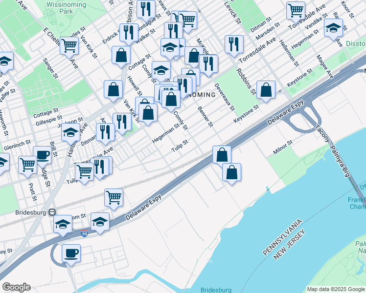 map of restaurants, bars, coffee shops, grocery stores, and more near 5911 Tulip Street in Philadelphia