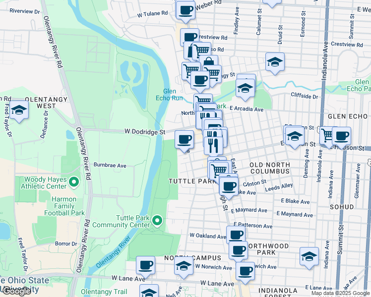 map of restaurants, bars, coffee shops, grocery stores, and more near 2605-1 Neil Avenue in Columbus