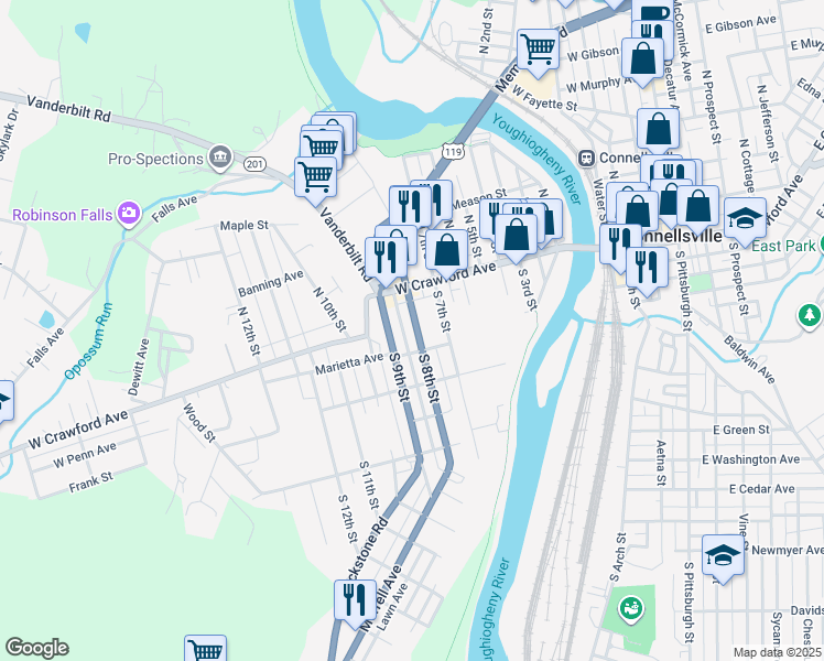 map of restaurants, bars, coffee shops, grocery stores, and more near 138 South 8th Street in Connellsville