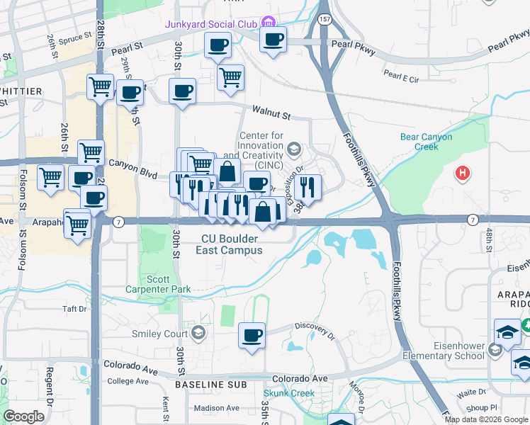 map of restaurants, bars, coffee shops, grocery stores, and more near 3601 Arapahoe Avenue in Boulder