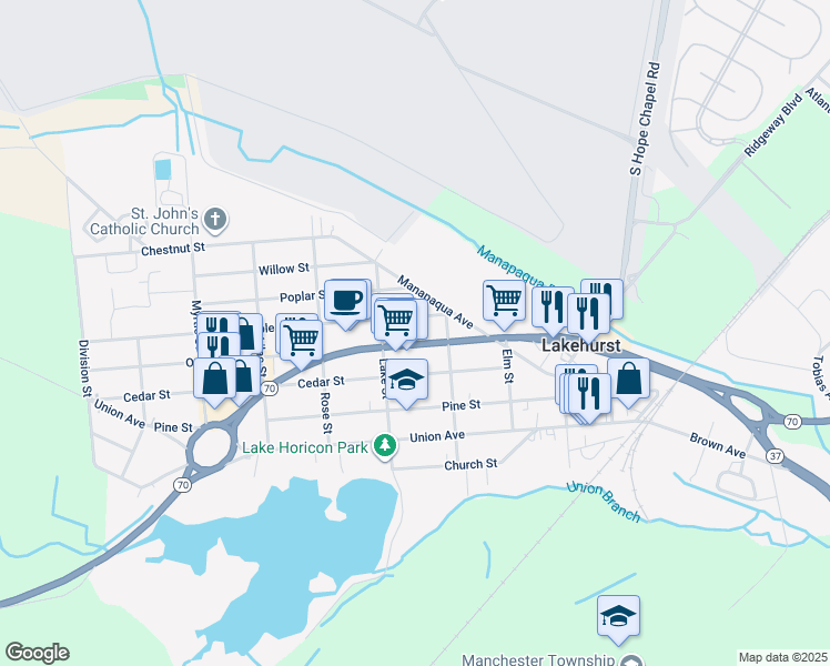 map of restaurants, bars, coffee shops, grocery stores, and more near 302 Maple Street in Lakehurst