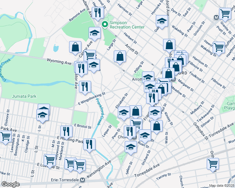 map of restaurants, bars, coffee shops, grocery stores, and more near 2147 East Birch Street in Philadelphia