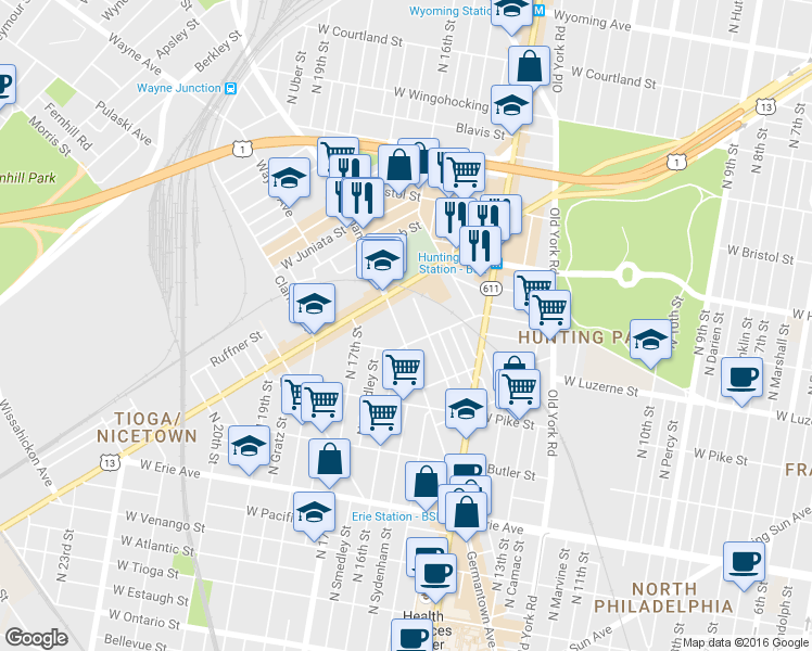 map of restaurants, bars, coffee shops, grocery stores, and more near 4019 Germantown Avenue in Philadelphia