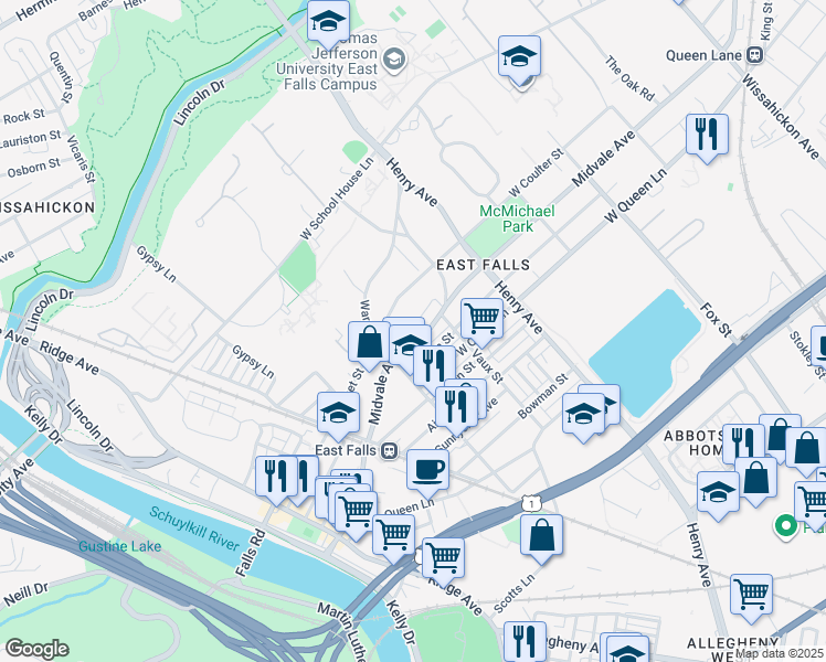 map of restaurants, bars, coffee shops, grocery stores, and more near 3419 Midvale Avenue in Philadelphia