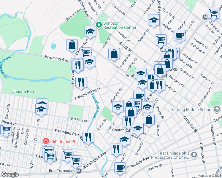 map of restaurants, bars, coffee shops, grocery stores, and more near 4418 East Wingohocking Street in Philadelphia